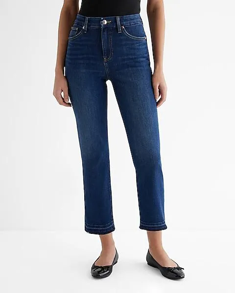 High Waisted Dark Wash Drop Hem FlexX Straight Ankle Jeans