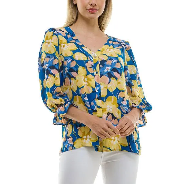 Womens Zac & Rachel 3/4 Sleeve Floral Button Front V-Neck Blouse