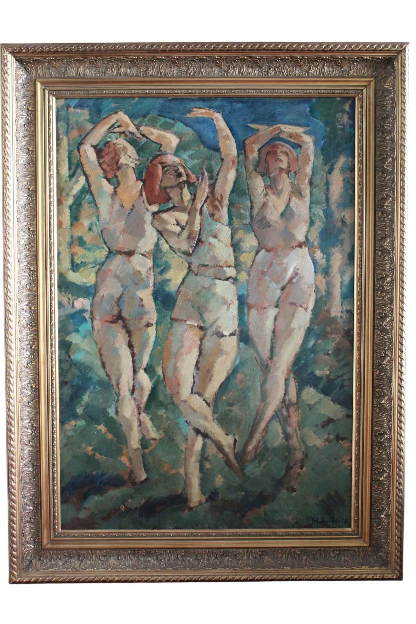 Harry Bloomfield Antique large post-impressionist oil painting 'Three Women Dancing' 1900's