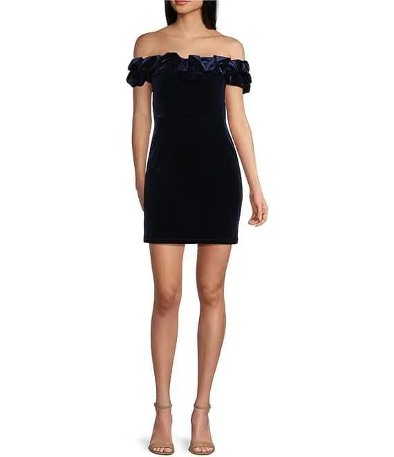 Off-The-Shoulder Ruffle Neck Velvet Dress