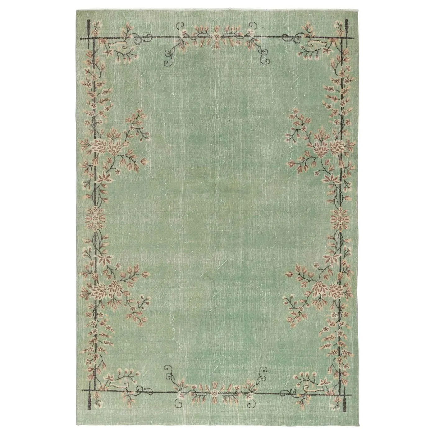 7x10.4 Ft Vintage Handknotted Turkish Wool Rug. Chinese Art Deco Inspired, Green