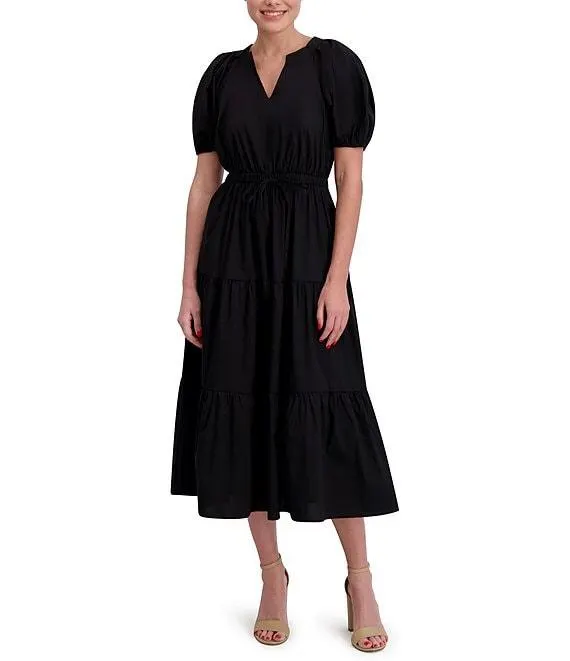 Poplin V-Neck Short Puff Sleeve Waist Tie Blouson Midi Dress