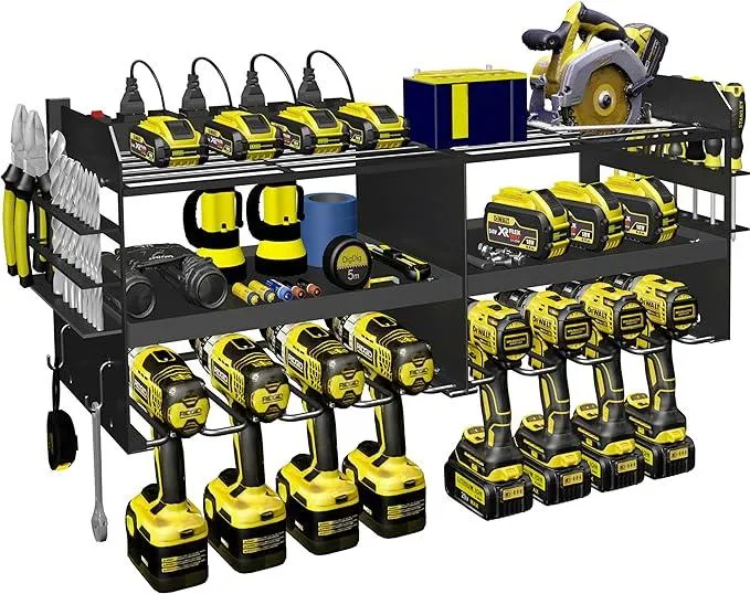 Power Tool Organizer with Charging Station 3 Layer Holders Heavy Duty Metal Garage Tool Storage Rack with 8 Drill Holders, 8 Outlet Power Strip Father's Day Gift for Men