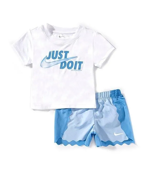 Little Girls Short Sleeve Swoosh Motion Top & Colorblock Wavy Shorts 2-Piece Set