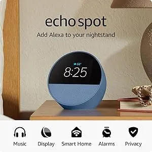 Amazon Echo Spot (newest model), Great for nightstands, offices and kitchens, Smart alarm clock with Alexa, Ocean Blue