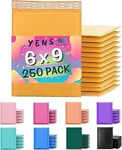 Yens Kraft Bubble Mailers 6x10 inch 250 pack Seal Adhesive Shipping Bags, Cushioning Padded Envelopes for Shipping, Mailing, Packaging Usable Space 6x9