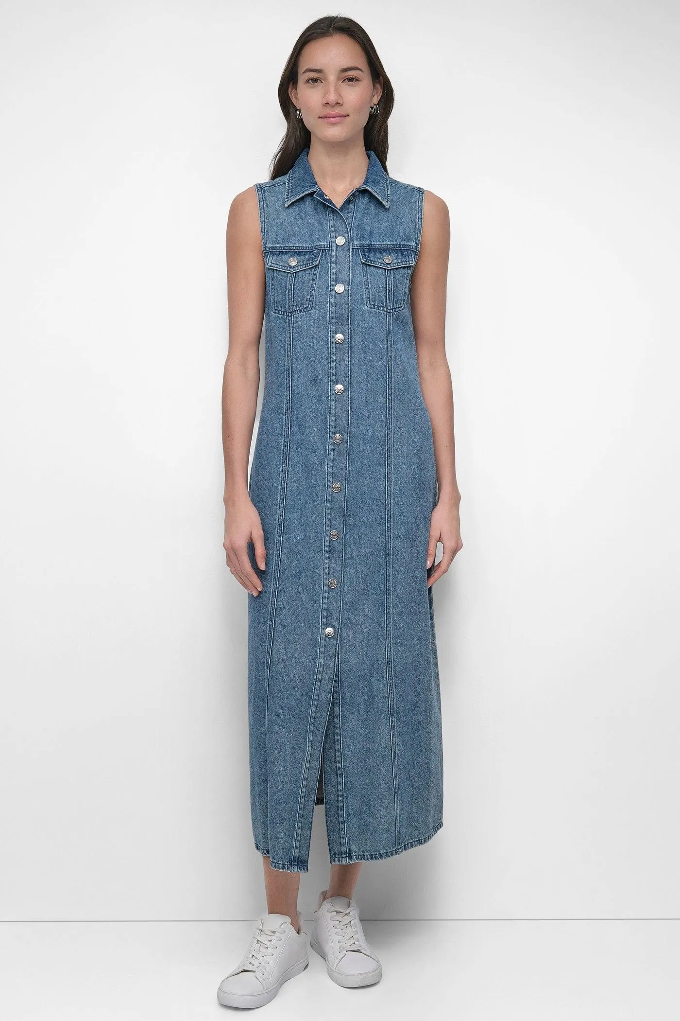 SLEEVELESS DENIM MAXI SHIRT DRESS