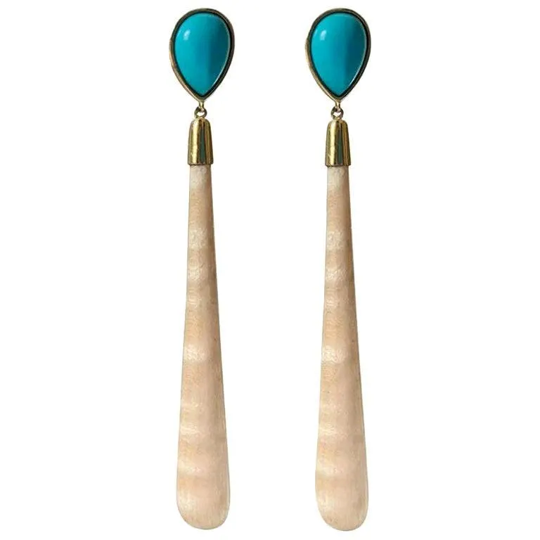 18 Karat Yellow Gold Turquoise And White Wood Drop Earrings
