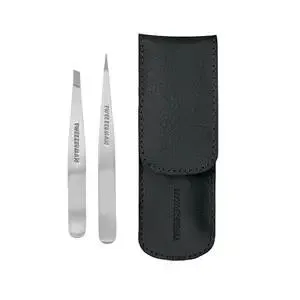 Tweezerman Petite Tweeze Set with Travel Case - Point and Slant Tweezers, Tweezers for Travel (Black Case)