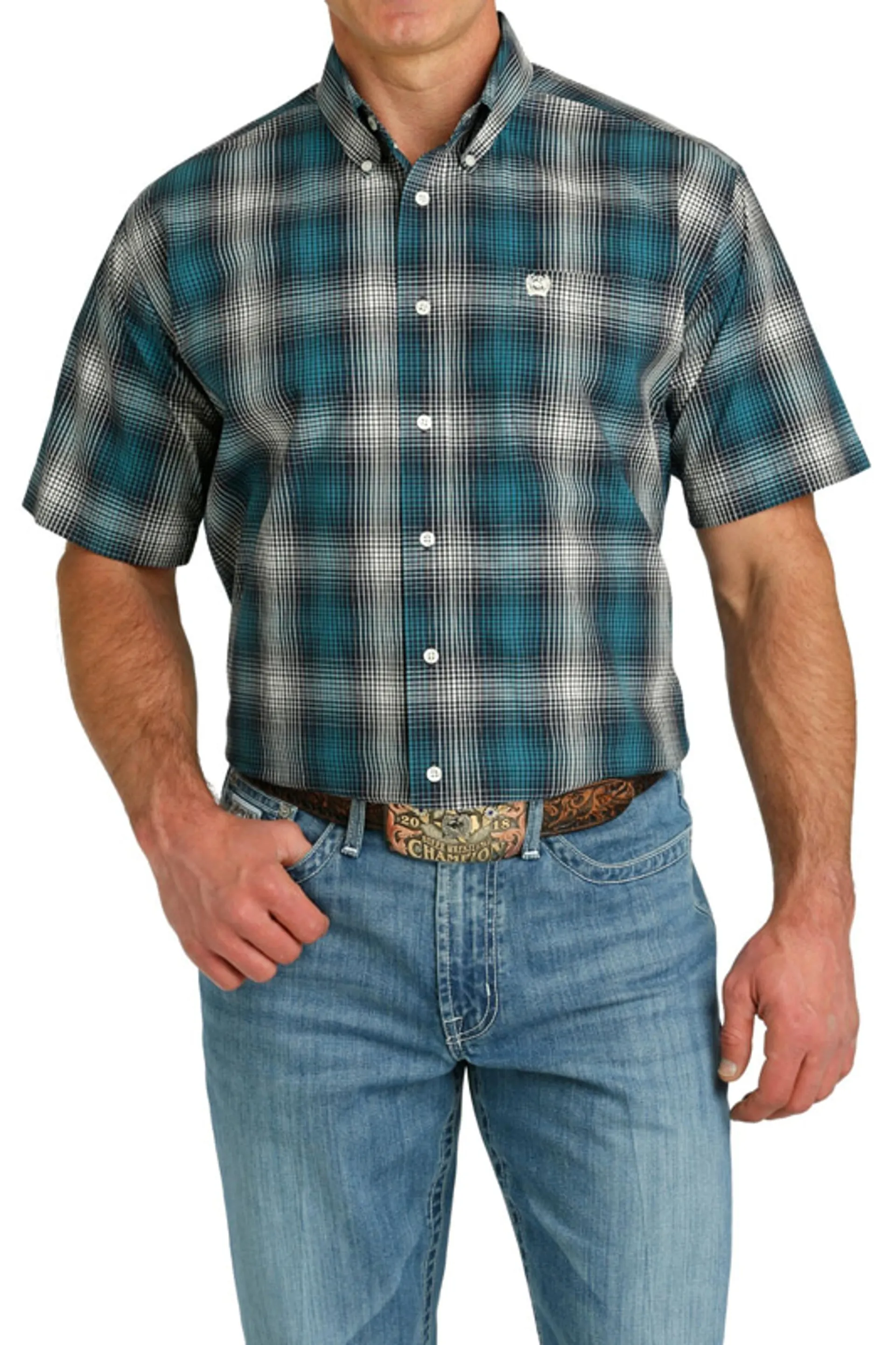 Cinch Men's Teal/White Plaid Button Down Short Sleeve Shirt