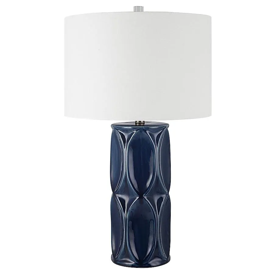 allen + roth 26.5-Inches Glossy navy blue glaze with brushed nickel LED Incandescent Rotary socket Table Lamp with Fabric Shade