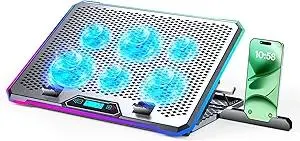 Aluminum Alloy RGB Gaming Laptop Cooler with 6 Fans and LCD Screen - 10 RGB Modes Memory Function, 4 USB Ports 3.0 and 2.0 Hub, 9 Height Adjustable for 10 to 21 Inch Laptops on Desk or Lap