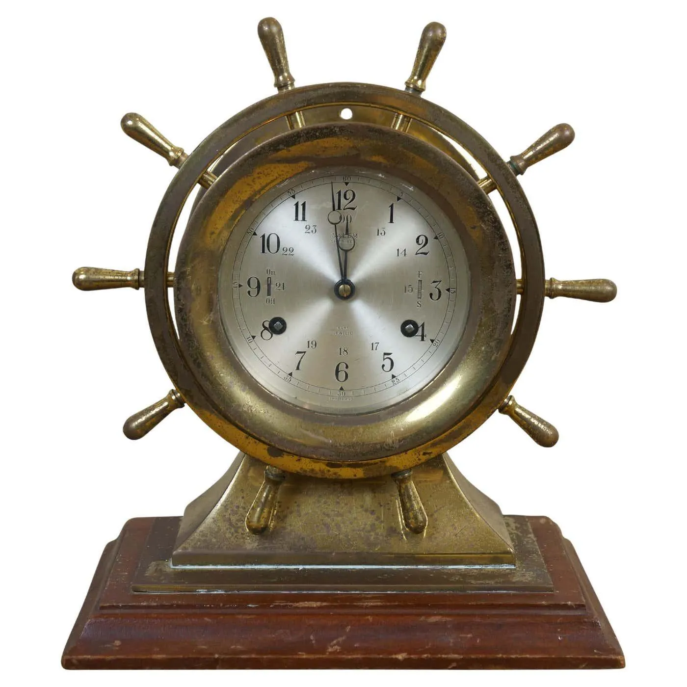 Vintage Salem Ships Bell Nautical 8 Day Desk Clock Brass Wheel Porthole Working