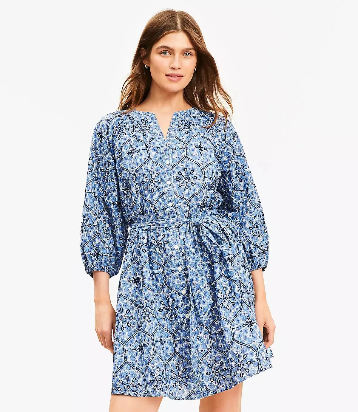 Floral Embroidered Split Neck Mini Shirtdress