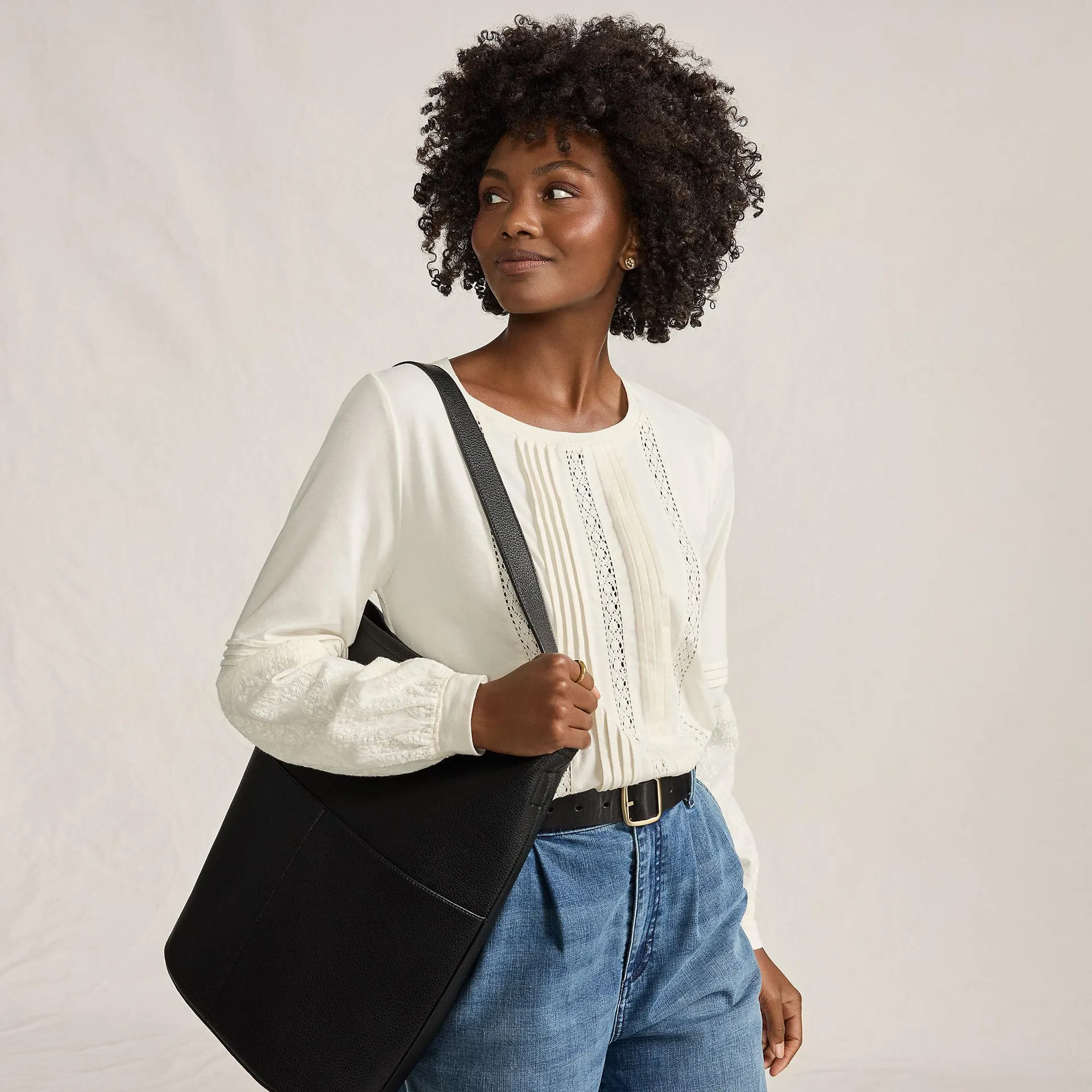 Women's Lightweight Jersey Lace Mix Long Sleeve Pintuck Top