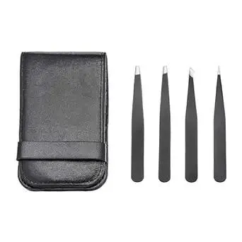 Amazon Basics Tweezers for Facial Hair, Eyebrows, Eyelashes - Set of 4, Professional Stainless Steel Travel Case, Black