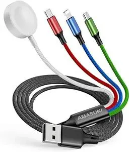 Travel Essentials 4 in 1 iWatch & iPhone Charger,Multi Charging Cable for Apple Watch Charger USB C Micro Nylon Compatible with iWatch Ultra/SE/10/9/8/7/6/5/4/3/iPhone 16/15/14/13 Galaxy Phone(4FT)