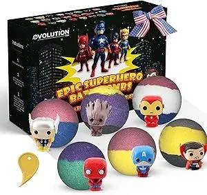 EvolutionUSA Black Epic Superhero Bath Bombs for Kids, 6 Super Hero Bath Bombs with Toy Inside, Lush Childrens Bathbombs, Organic Bathbomb with Surprise Inside, Fizzy Fun Superhero Bath Balls