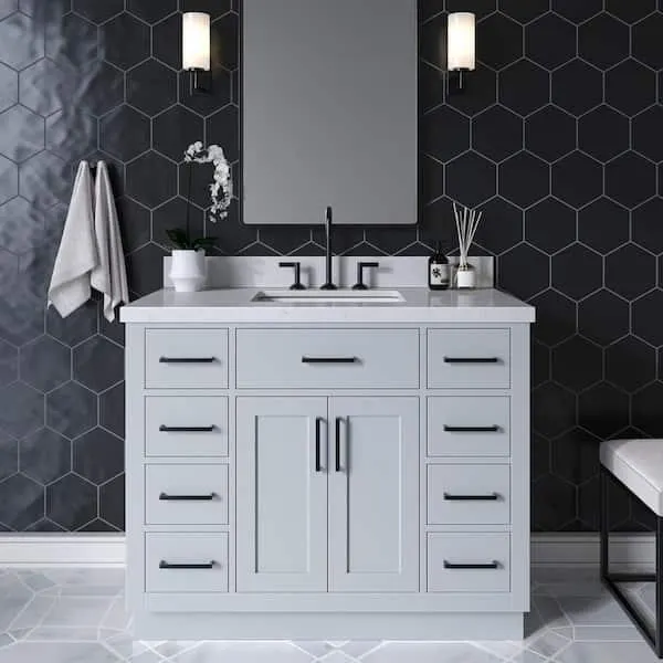 Hepburn 42 in. W x 22 in. D x 36 in. H Single Sink Freestanding Bath Vanity in Grey with Carrara Qt. Top