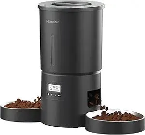 Dual Automatic Cat Feeder 2 Cats,6 Meals/Day,12 Portions/Meal,4.2L Dual Power Double Bowls Feeder,Dry Food Auto Pet Dispenser,10S Voice Record,Flexible Schedule Timer (Black,Stainless Dual Bowls)