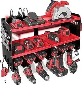 Power Tool Organizer with Charging Station, 6 Drill Holders Wall Mount, Heavy Duty Metal Premium Garage Tool Shelf, Gift for Man Cordless Tool Storage Rack with 4 Outlet Power Strip - Red