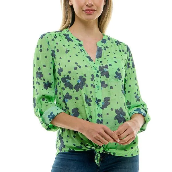 Womens Zac & Rachel 3/4 Roll Sleeve Bouquet Tie Front Blouse