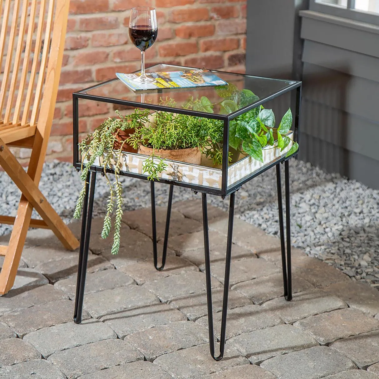 Side Table with Glass Top and Golden Planter Tray