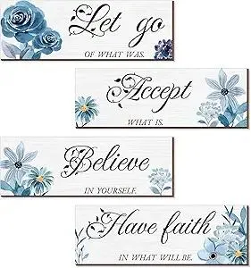 Joyhawk 4 Pieces Blue Flower Wall Decor For Bedroom, Accept-Let go-Have faith-Believe Wooden Inspirational Wall Art Decorations for Living Room Bathroom,Rustic Wooden Farmhouse Home Decor, 12 x 4 Inch
