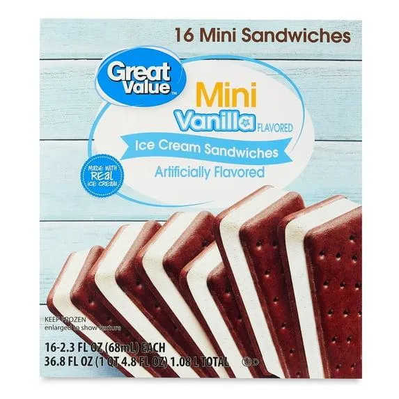 Great Value Mini Vanilla Flavored Ice Cream Sandwiches, 36.8 fl oz, 16 Pack