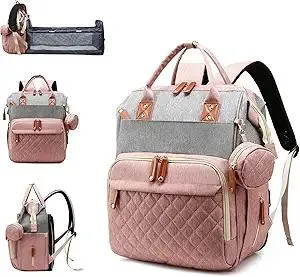 Diaper Bag with Changing Station, Waterproof 3 in 1 Baby Diaper Backpack with Foldable Changing Pad, Pink-Grey