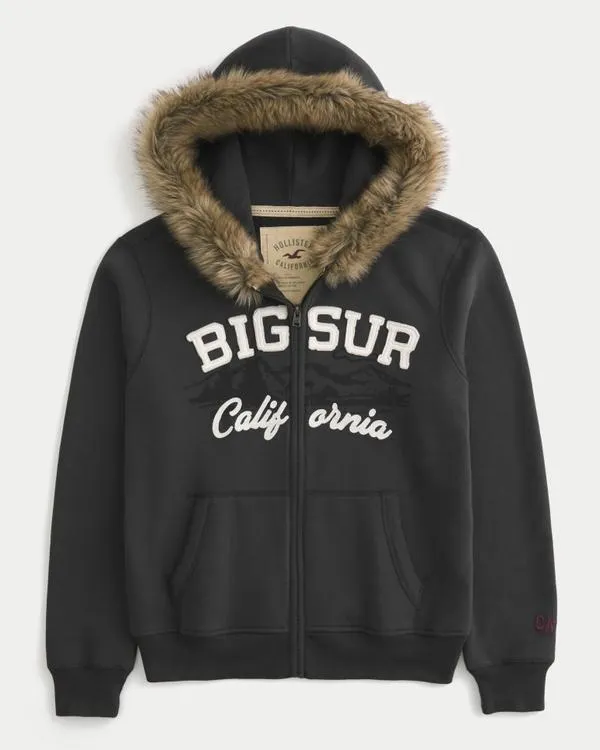 Faux Fur Trim Zip-Up Big Sur Graphic Hoodie