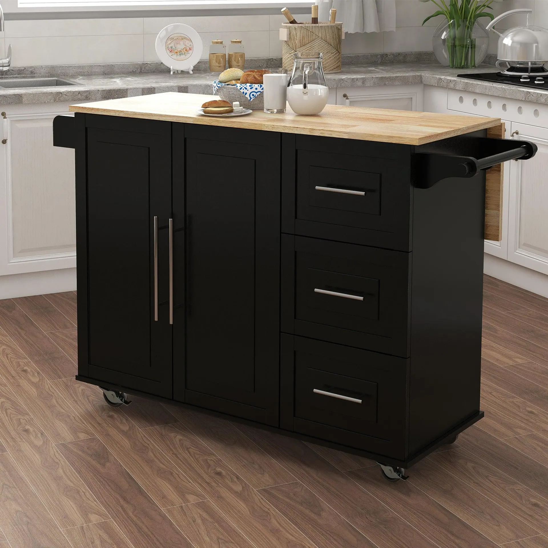 Fusion Kitchen Island with Spice Rack, Towel Rack and Extensible Solid Wood Table Top