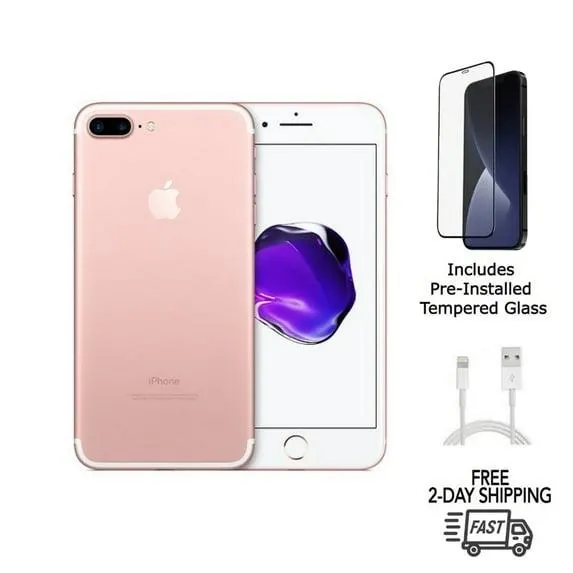 Restored Apple iPhone 7 Plus (Unlocked) 32GB Rose Gold (A1661) Bundle with Pre-Installed Tempered Glass (Refurbished)