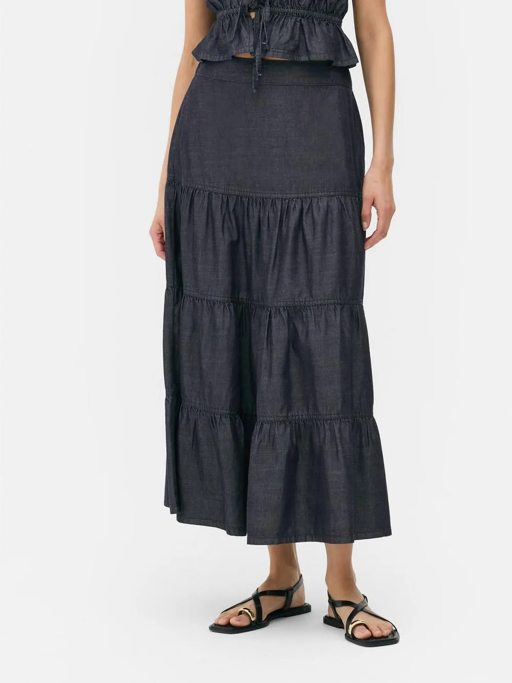 Denim Tiered Maxi Skirt