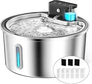 Wireless Cat Water Fountain Stainless Steel - 3.2L/108oz Cordless Pet Water Fountain Battery Operated Cats Water Dispenser Silent Rechargeable Automatic Fountain with 6 Filters 3 Sponges