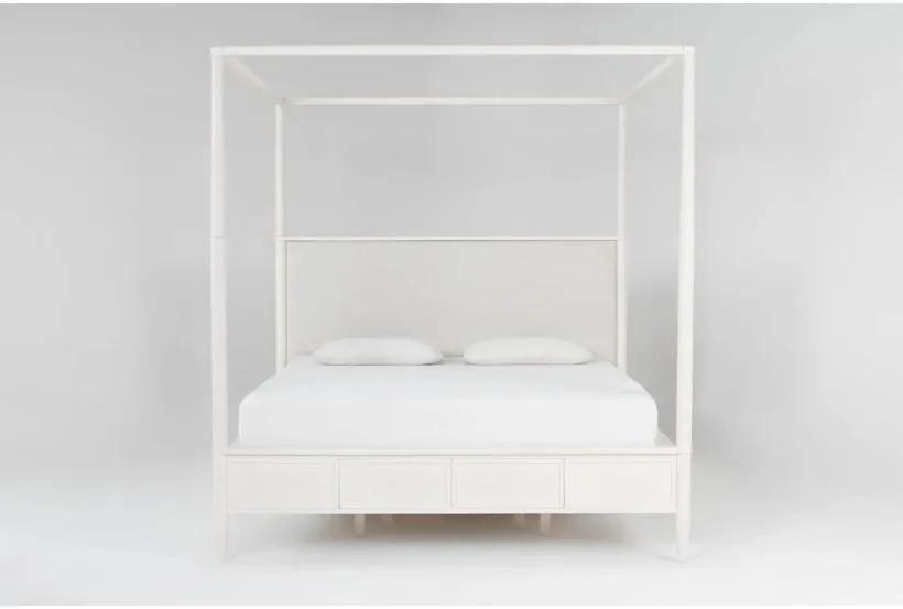 Austen White Queen Wood & Upholstered Platform Canopy Bed With Side Storage | Poster | Drawers