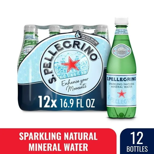 S.Pellegrino Sparkling Natural Unflavored Bottled Drinks Mineral Water for Holiday, 202.8 fl oz, 12 Pack Plastic Bottles