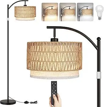 ROTTOGOON Rattan Floor Lamps for Living Room, Boho Standing Lamps with Rattan& Linen Double Shades, Arc Lamps Floor Standing with 9W Bulb, Foot Switch, Bohemian Floor Lamps for Bedroom, Office-Drum