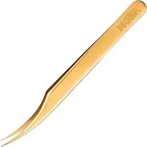 MGER Lash Tweezers for Eyelash Extensions, Hand Calibrated Dolphin-shaped & Curved Tip, False Lash Application Tools, Pack of 2, Gold (Dolphin-shaped Tweezers)