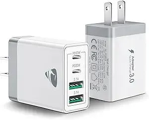 [2-Pack] USB C Wall Charger, 40W Fast USB C Charger Block, 4-Port PD Power Adapter + QC Wall Plug Multiport Type C Charging Block Cube Compatible with iPhone 16 15 14 13 12 11 Pro Max XR XS 8, Samsung