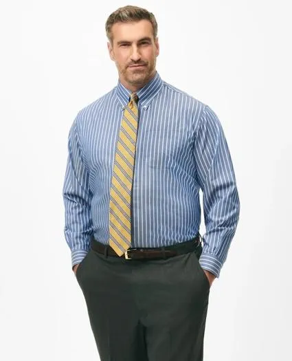 Big & Tall Stretch Supima® Cotton Non-Iron Twill Polo Button Down Collar, Ground Stripe Dress Shirt
