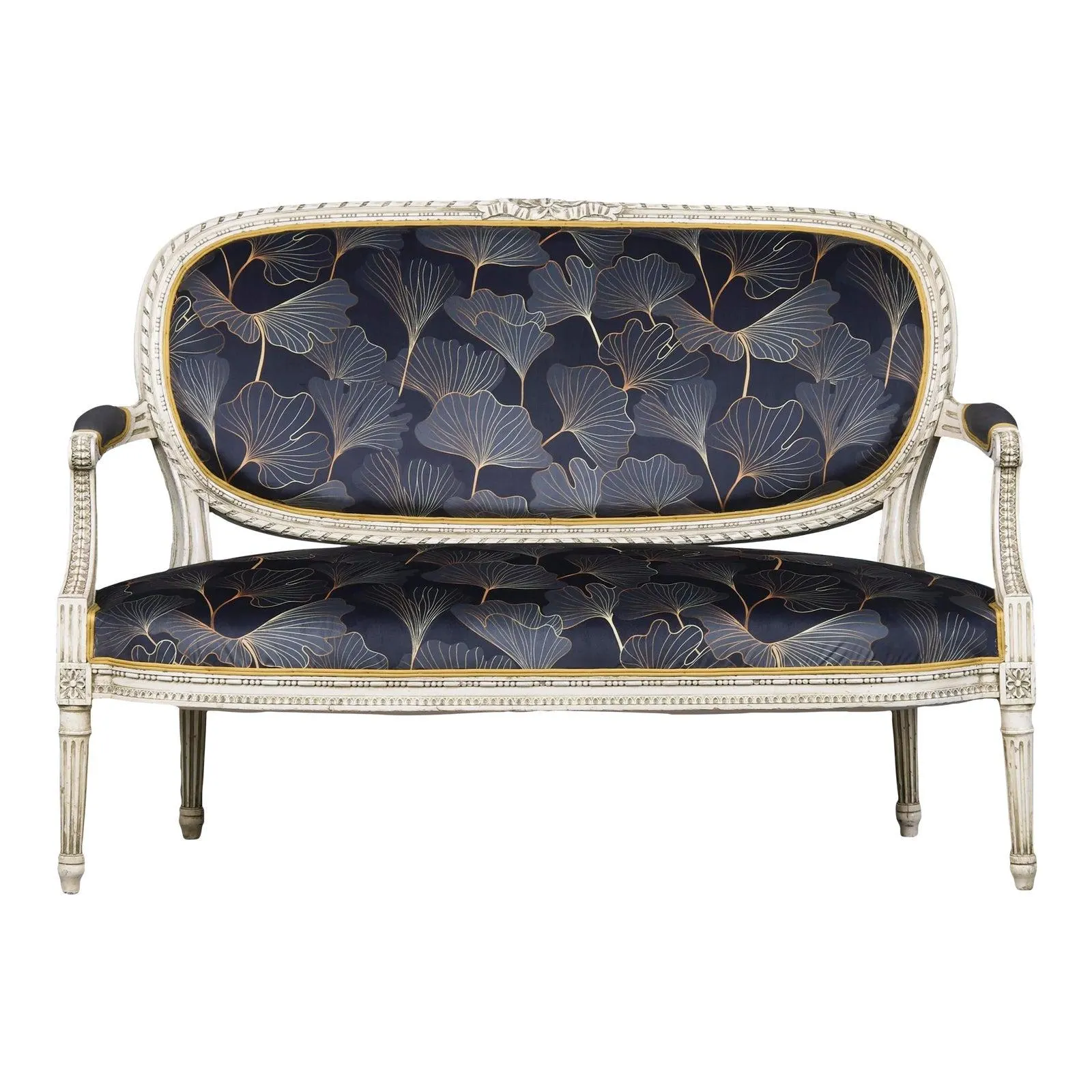 Antique French Louis XVI Style Painted Loveseat W/ Floral Velvet