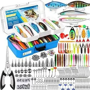 PLUSINNO Fishing Tackle Box with Tackle Included, 373PCS Fishing Lures Kit with Removable Tray, Fishing Gear with Pliers, Weights, Hooks, Accessories, Fishing Tackle Lure Kit Gifts for Men Bass Trout