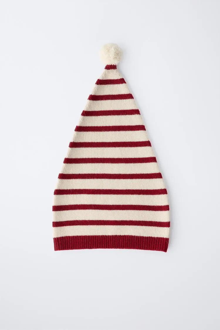 STRIPED KNIT HAT WITH WOOL POMPOM