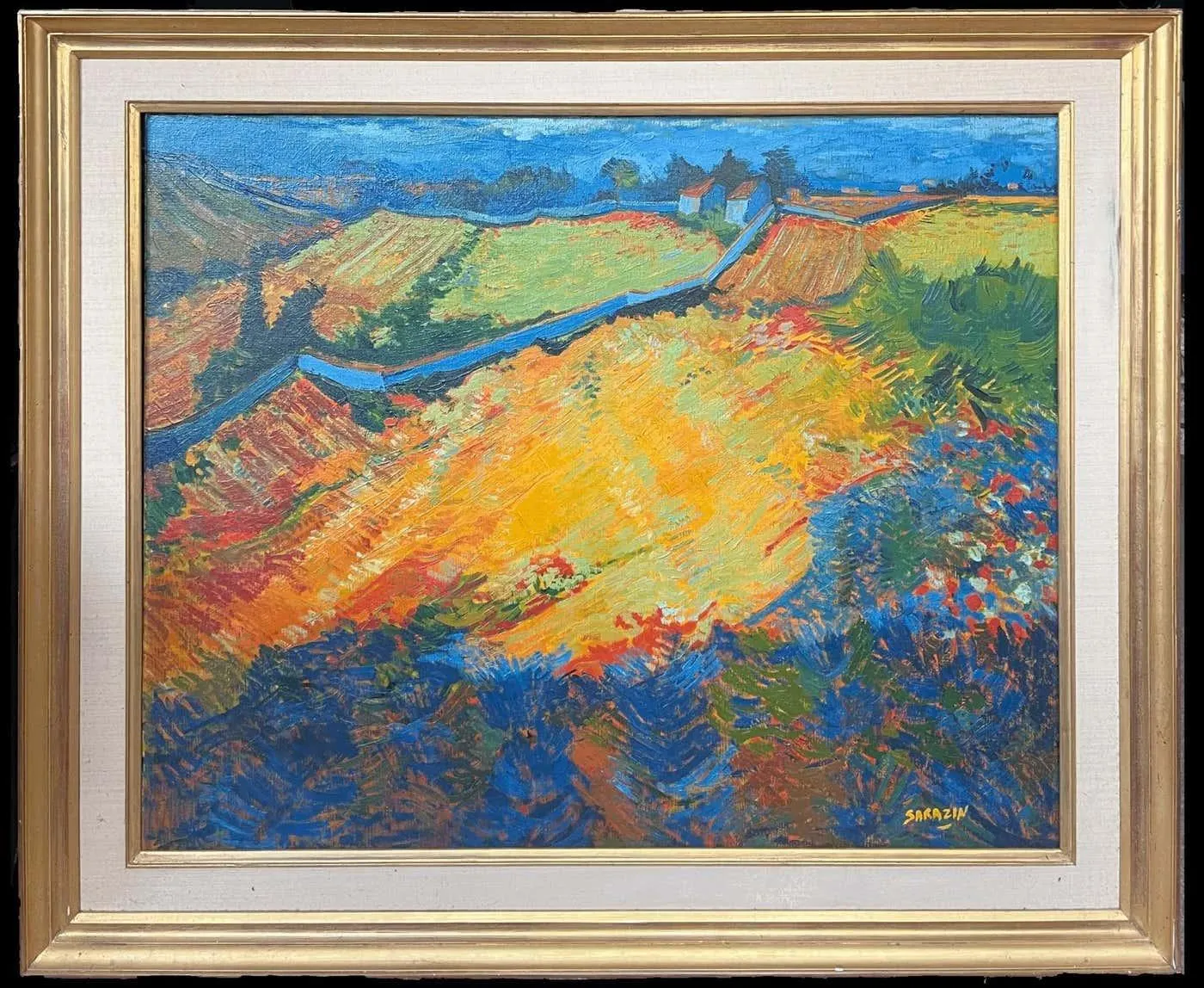 French School Large 20th Century French Post-Impressionist Signed Oil Painting Golden Fields