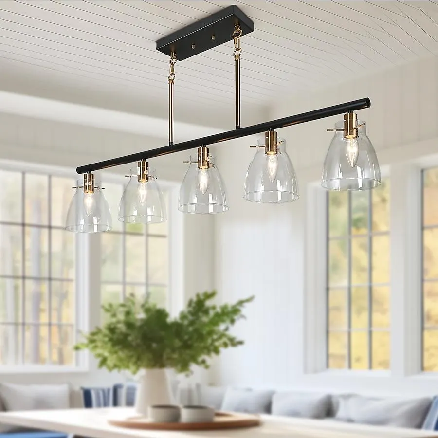 ZEVNI Sedia Modern Farmhouse 5 -Light Matte Black/Polished Gold Linear Modern/contemporary Clear glass Linear Large Hanging Kitchen island light