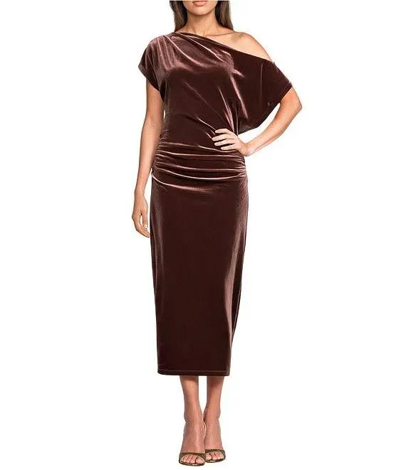 Velvet Asymmetric Neck One Shoulder Off-The-Shoulder Short Sleeve Ruched Sheath Midi Dress