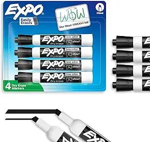 EXPO Dry Erase Markers, Low Odor Ink, Black, Chisel Tip, 4 Count - Easily Erases, Vibrant Ink, Ideal for Classroom, Back to School Supplies, Teachers, Office, Whiteboard & Home