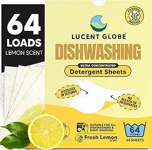 Lucent Globe Dishwasher Dishwashing Detergent Sheets, Dish Soap & Dishwashing Tablets Alternative. Plant-Based, Eco-Friendly, Lemon Scent & Plastic Free Packaging (64 Sheets)