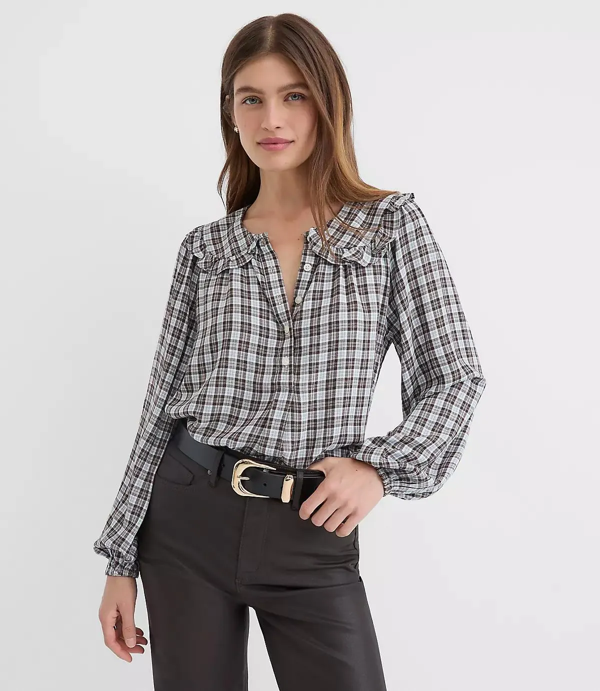 Plaid Ruffle Collar Shirred Henley Blouse